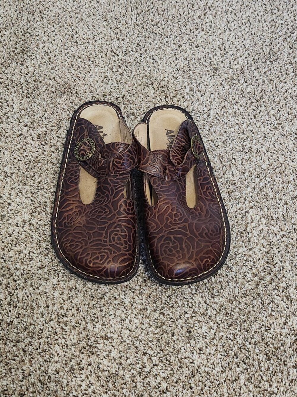 Alegria ALG-532 Brown Floral Embossed Leather Clogs Mules Women's EU 40 US 9-9.5